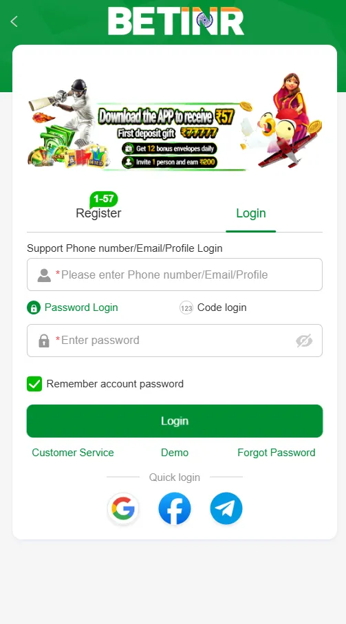 Betinr login page screenshot