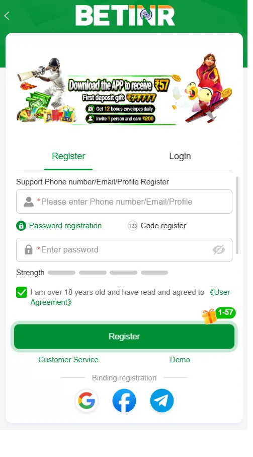 Betinr registration page screenshot