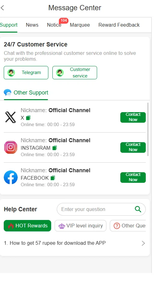 Betinr customer support interface